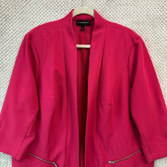 Lane Bryant Blazer 24 Fuchsia Pink Open Front Zip Pockets Mid Length 3/4 Sleeve - Picture 2 of 13